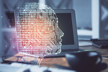 Poster - Double exposure of work table with computer and brain sketch hologram. Brainstorming concept.