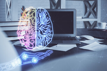 Poster - Double exposure of work table with computer and brain sketch hologram. Brainstorming concept.