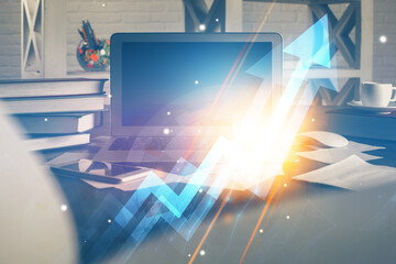 Poster - Computer on desktop with point up arrows hologram. Double exposure. Concept of success.