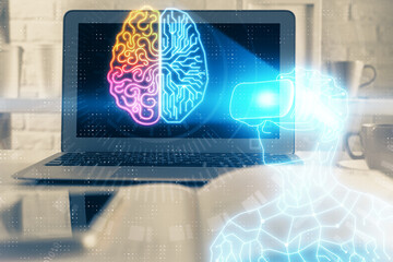 Poster - Computer on desktop with AR theme icon. Multi exposure. Concept of augmented reality.