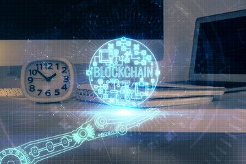 Aufkleber - Multi exposure of blockchain theme hologram and table with computer background. Concept of bitcoin crypto currency.