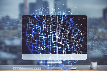 Poster - Double exposure of table with computer and brain hologram. Data innovation concept.