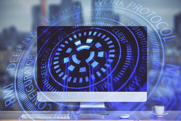 Aufkleber - Technology theme drawing and work space with computer. Multi exposure. Concept of innovation.