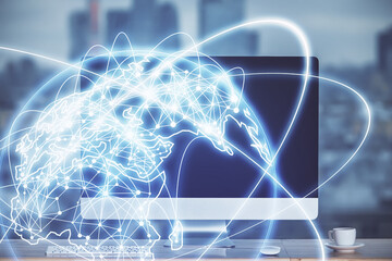 Poster - Multi exposure of business theme icons and table with computer background. Concept of success.