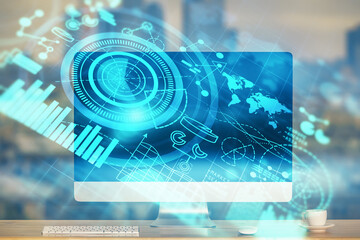 Poster - Multi exposure of business theme icons and table with computer background. Concept of success.