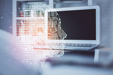 Poster - Double exposure of table with computer and brain hologram. Data innovation concept.