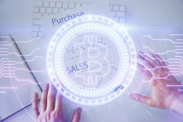 Poster - Man's hands working with notes background. Cryptocurrency and finance concept.