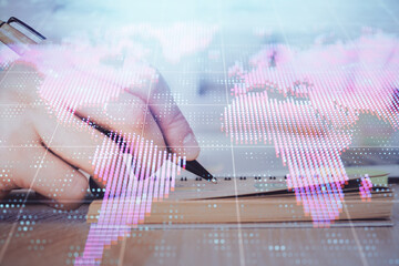 Poster - Double exposure of hands and notepad with business icons.