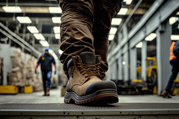 Wall Mural - Close-up  safety working shoe on a worker feet is standing at the factory, ready for working in danger workplace concept. Industrial working scene and safety equipment. Generative Ai image.