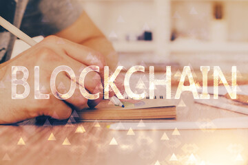 Poster - Man's hands working with notes background. Cryptocurrency and finance concept.