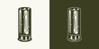 © AkimD - Vintage retro hunting adventure element. bullet for rifle gun. Camp van home. Can be used for emblem, logo, badge, label. mark, poster or print. Monochrome Graphic Art. Vector Illustration..