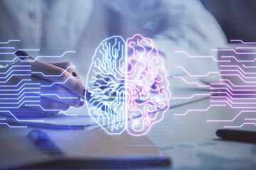 Poster - Multi exposure of woman's writing hand on background with brain hologram. Concept of brainstorming.