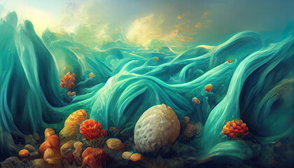 Abstract fantasy underwater ocean seascape illustration