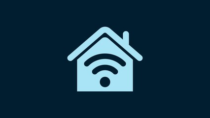 Sticker - White Smart home with wi-fi icon isolated on blue background. Remote control. 4K Video motion graphic animation