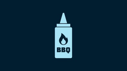 Sticker - White Ketchup bottle icon isolated on blue background. Fire flame icon. Barbecue and BBQ grill symbol. 4K Video motion graphic animation