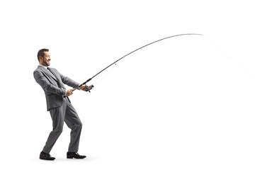 Sticker - Full length profile shot of a businessman fishing