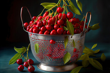 Sweet Wet ripe cherries in white colander