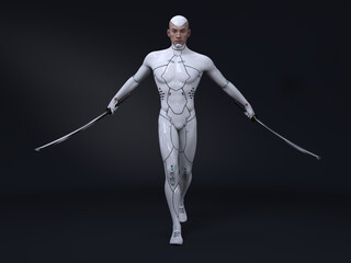 3D render : portrait of futuristic male humanoid robot armed with long katana sword, cyberpunk concept