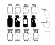 Set Of Empty Glass Jars And Bottles With Labels Of Various Shapes. Hand-drawn Vector Illustration.
