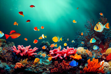 Wall Mural - coral reef and fishes, Generative AI Art Illustration