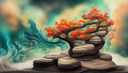 Japanese style illustration of spiritual tree on rocks