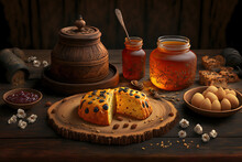 On A Vintage Wooden Table, There Are Small Cakes With Almonds, Raisins, And Honey. Generative AI