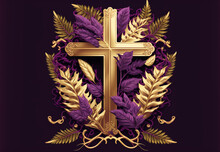 Gold Cross Crucifix Sign With Spiny Vine And Palm Leaves Around On Purple Background, Generative AI