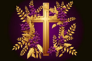 Golden cross palm leaves around on the purple background,  Generative AI