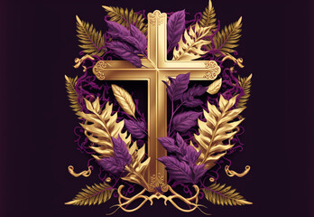 Gold cross crucifix sign with spiny vine and palm leaves around on purple background, Generative AI