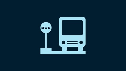 Poster - White Bus stop icon isolated on blue background. Transportation concept. Bus tour transport sign. Tourism or public vehicle symbol. 4K Video motion graphic animation