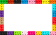 Color Frame Composed Of Coloured Plastic Toy Blocks. Colorful Brick Banner. Abstract Vector Background