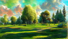 Green Meadow In The Park With Trees And Sky In Summer