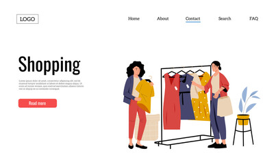 Wall Mural - Clothing shop landing page. Female client coming to store, choosing outfit. Dresses and tops on hangers. Cartoon seller