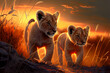 canvas print picture - Niedliche Löwenbabys spielen zusammen in der Savanne, schöne Naturszene in afrikanischer Wildnis, generative ai