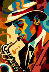 Wall Mural - Afro-American male jazz musician saxophonist playing a saxophone in an abstract cubist style painting for a poster or flyer, computer Generative AI stock illustration