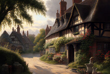 Oil Painting Of An Old Fashioned Quintessential English Country Village In A Rural Landscape Setting With An Elizabethan Tudor Thatched Cottage, Computer Generative AI Stock Illustration Image