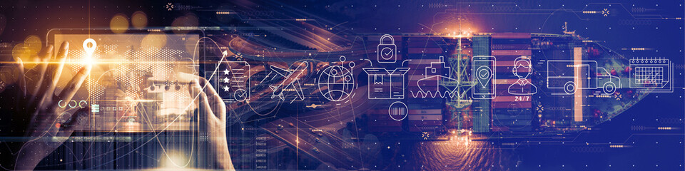 Poster - hand using Digital tablet computer of Transportation and logistic network distribution growth. Container cargo ship trucks of industrial cargo freight for shipping. Business logistic import export.