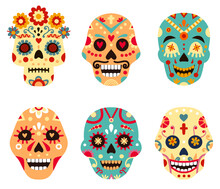 Illustration Death Skull, Tattoo Mexican Decoration. Holiday Celebration, Traditional Symbol With Floral Disign Such As Flowers