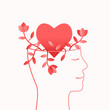 Human head and face outline with heart shape, flowers and plants as mental health, self love or emotional intelligence concept