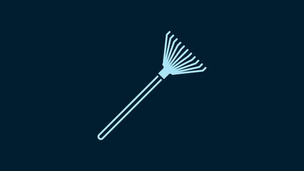 Sticker - White Garden rake for leaves icon isolated on blue background. Tool for horticulture, agriculture, farming. Ground cultivator. 4K Video motion graphic animation