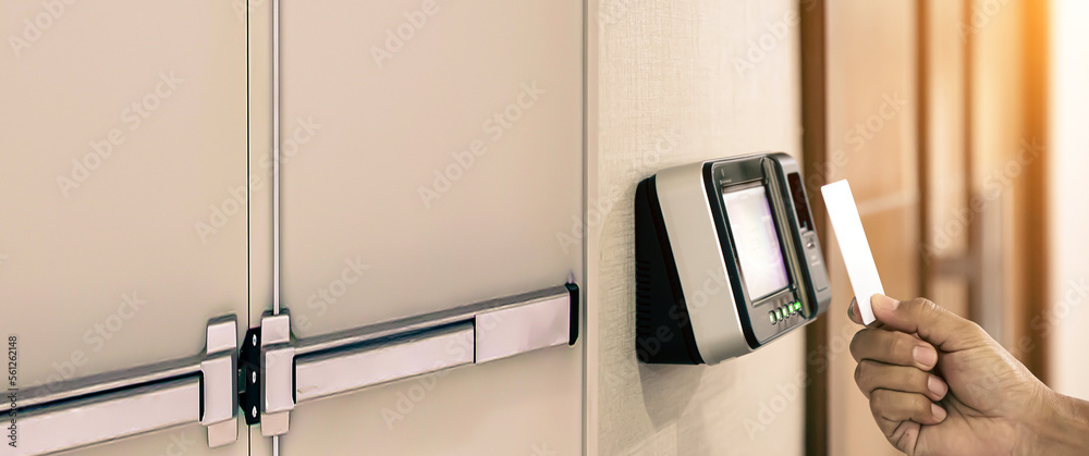 Lock Front Card Reader Proximity card reader door unlock, Hand security man using ID card on ...