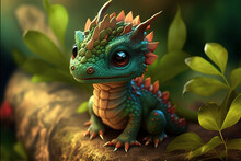 Little Baby Dragon Sitting In Sunlit Forest Created With Generative AI Technology