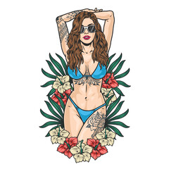 Tattoo bikini woman colorful label