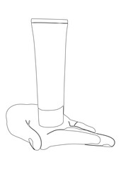 Poster - One continuous line of hand holding Cosmetic Tube. Thin Line Illustration vector concept. Contour Drawing Creative ideas.