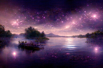 starry night lake with bright star shine in the sky horizon reflecting on silky lake with splendid n