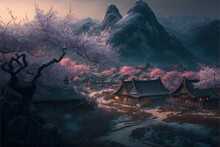 Chinese Village During Cherry Blossom In The Mountains AI