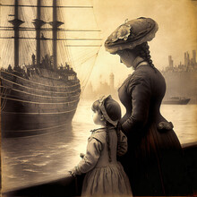 A Mother And Daughter Watching A Ship Sail Away From The Harbour