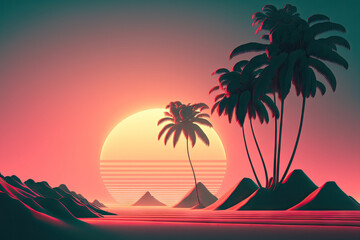 Silhouette palm tree with sun sand and beach retro tone color background. Summer vacation concept. Generative AI