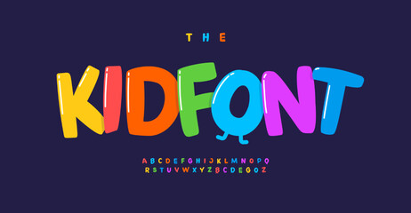 Kid font cartoon letters joyful alphabet. Childish playful color typographic design. Regular uppercase glared type. Vector typography