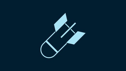 Poster - White Aviation bomb icon isolated on blue background. Rocket bomb flies down. 4K Video motion graphic animation